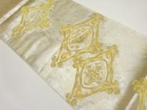 菱に丸文・花々・鳥模様織出し袋帯